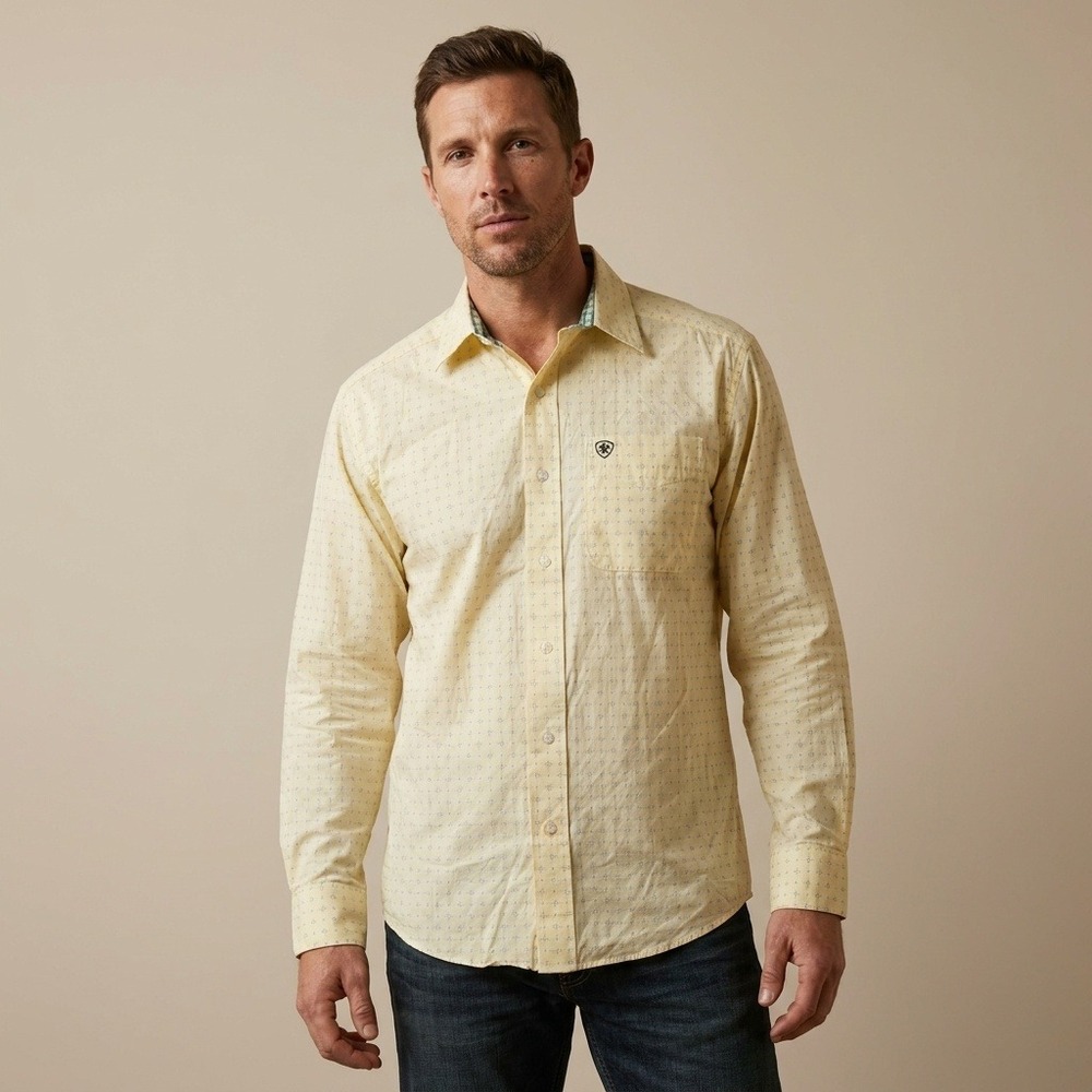 ARIAT Mens Button Down Shirt XS Yellow Cotton Western Wrinkle Free Geometric